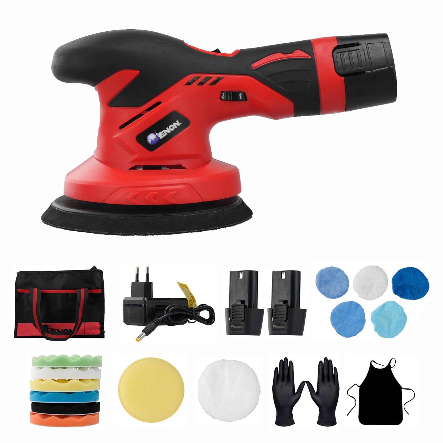 ENON 12v Cordless Car Polisher Kit Set, 2500-5000 RPM, 2X Battery, Brushless Car Polishing Machine, Buffer Polisher with 6 Variable Speeds, Sander for Car Waxing Buffing Scratch Repairing (XE-BL 1250) ENON 12v Cordless Car Polisher Kit Set, 2500-5000 RPM, 2X Battery, Brushless Car Polishing Machine, Buffer Polisher with 6 Variable Speeds, Sander for Car Waxing Buffing Scratch Repairing (XE-BL 1250)